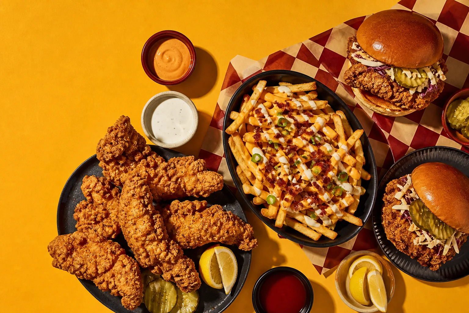 Crispy Chicken, Burger und Loaded Fries auf einer Tafel
